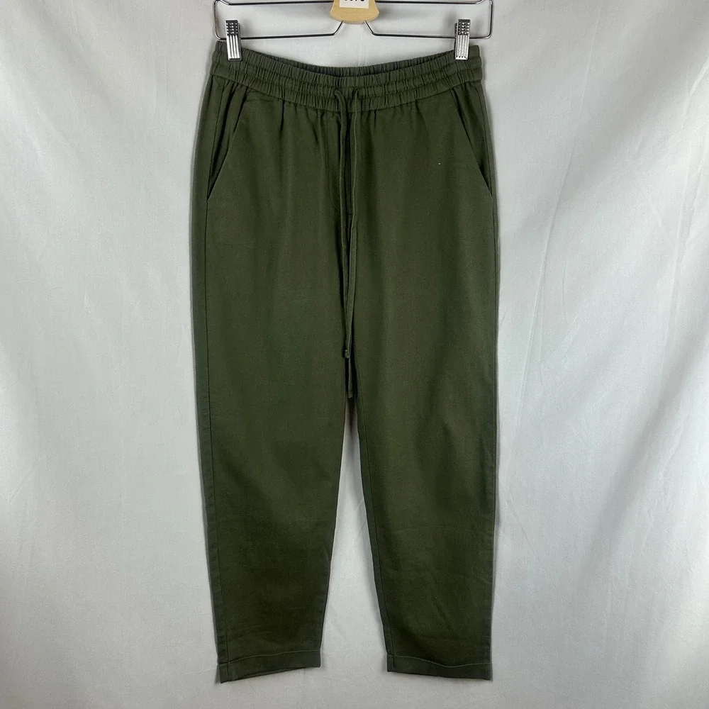 J.Crew Factory Olive Green Linen Blend Elastic Waist Drawstring Tapered Pants 2